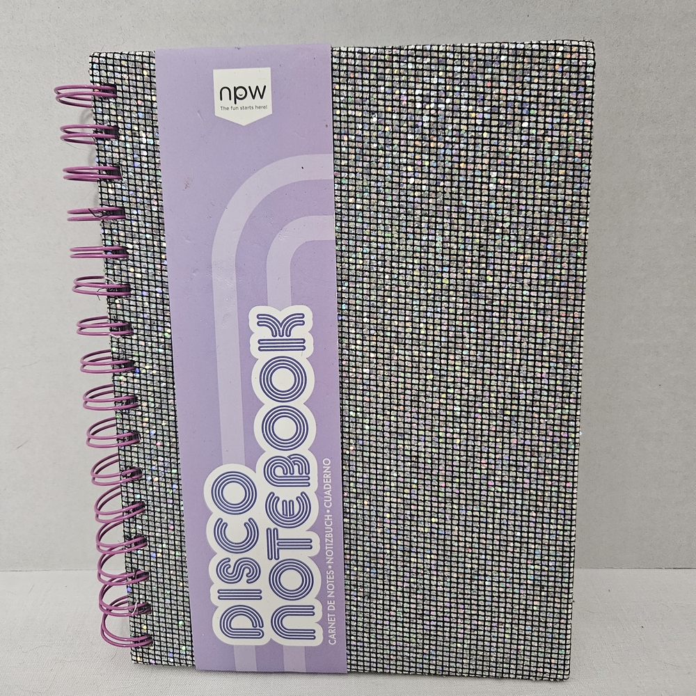 NPW Disco Notebook Journal Silver Metallic Glitter With Purple Spiral 6" x 8.25"